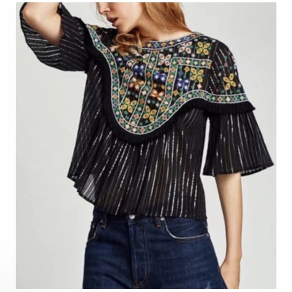 Zara Tops - Zara Black Embroidered Bell Sleeved Fringed Boho Festival Top Small